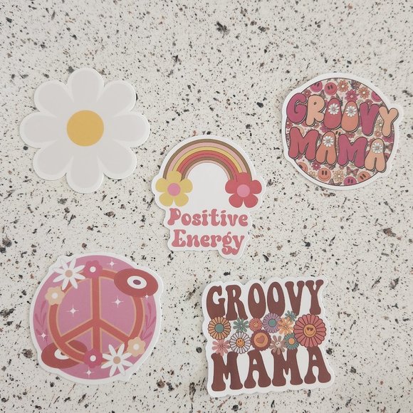 New 5 Piece Groovy Mama Retro Boho Floral Hippie Stickers - Picture 1 of 2